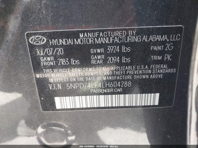 2020 Hyundai Elantra Se მანქანა იყიდება აუქციონზე, vin: 5NPD74LF4LH604288, აუქციონის ნომერი: 45262933