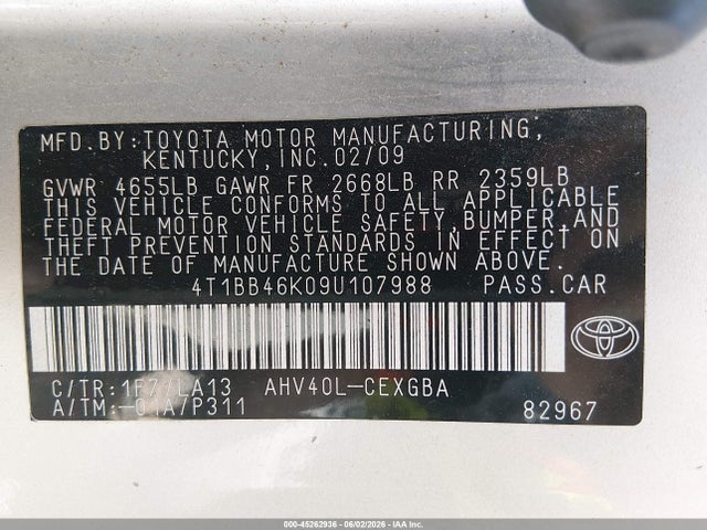 Aukcja sprzedaży 2009 Toyota Camry Hybrid, vin: 4T1BB46K09U107988, numer aukcji: 45262936