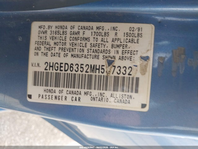 Продаж на аукціоні авто 1991 Honda Civic Dx, vin: 2HGED6352MH537332, номер лоту: 45262947