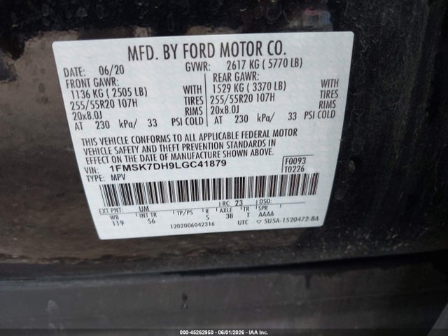 Aukcja sprzedaży 2020 Ford Explorer Xlt, vin: 1FMSK7DH9LGC41879, numer aukcji: 45262950