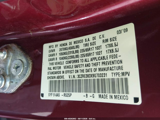 Продаж на аукціоні авто 2009 Honda Cr-v Lx, vin: 3CZRE383X9G703231, номер лоту: 45262952