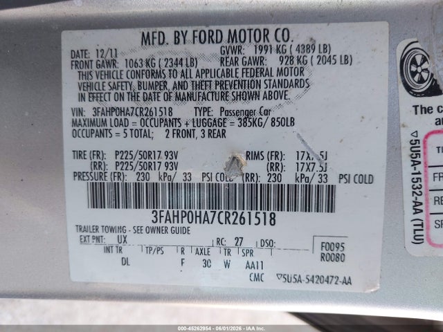 Продаж на аукціоні авто 2012 Ford Fusion Se, vin: 3FAHP0HA7CR261518, номер лоту: 45262954