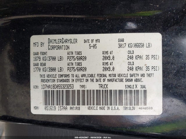45262967 :رقم المزاد ، 1D7HA18D05S323253 vin ، 2005 Dodge Ram 1500 Slt/laramie مزاد بيع