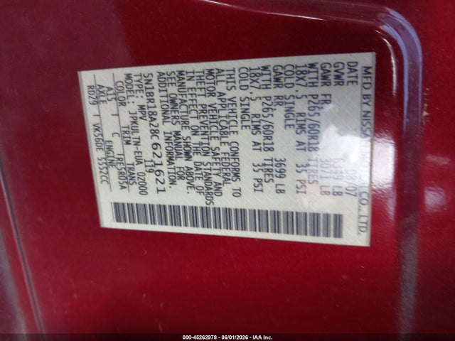 Aukcja sprzedaży 2008 Nissan Pathfinder Se V8, vin: 5N1BR18A28C621621, numer aukcji: 45262978