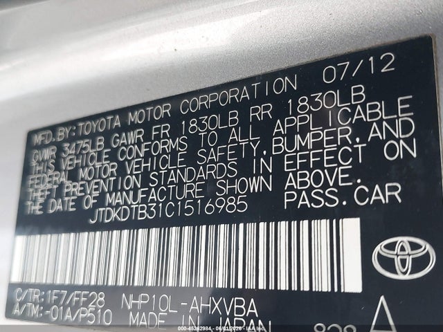 Aukcja sprzedaży 2012 Toyota Prius C Two, vin: JTDKDTB31C1516985, numer aukcji: 45262984