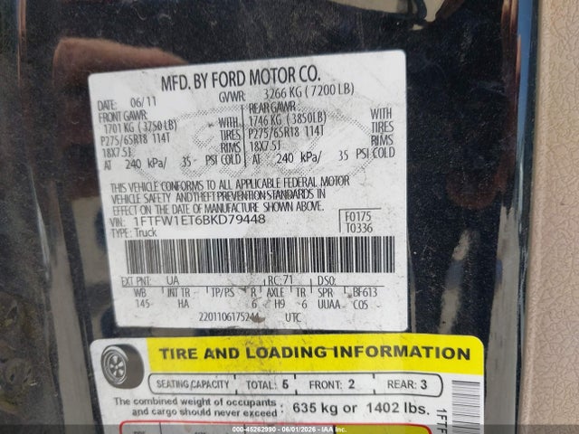 45262990 :رقم المزاد ، 1FTFW1ET6BKD79448 vin ، 2011 Ford F-150 Lariat مزاد بيع