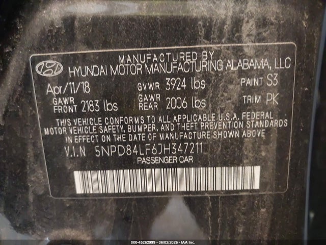 45262999 :رقم المزاد ، 5NPD84LF6JH347211 vin ، 2018 Hyundai Elantra Sel مزاد بيع