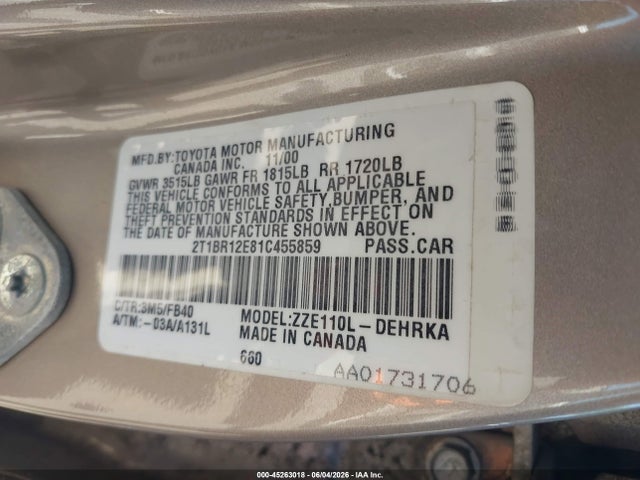 Aukcja sprzedaży 2001 Toyota Corolla Ce/le/s, vin: 2T1BR12E81C455859, numer aukcji: 45263018