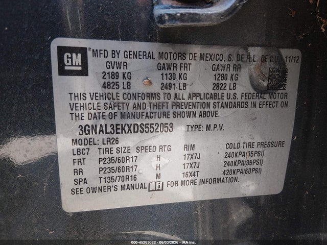 Продаж на аукціоні авто 2013 Chevrolet Captiva Sport Lt, vin: 3GNAL3EKXDS552053, номер лоту: 45263022