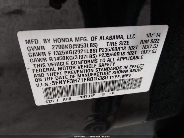 45263027 :رقم المزاد ، 5FNYF3H71FB015380 vin ، 2015 Honda Pilot Ex-l مزاد بيع