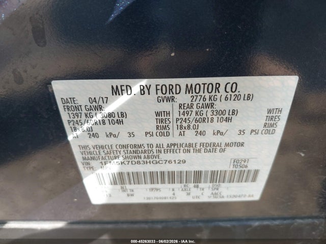 Aukcja sprzedaży 2017 Ford Explorer Xlt, vin: 1FM5K7D83HGC76129, numer aukcji: 45263033