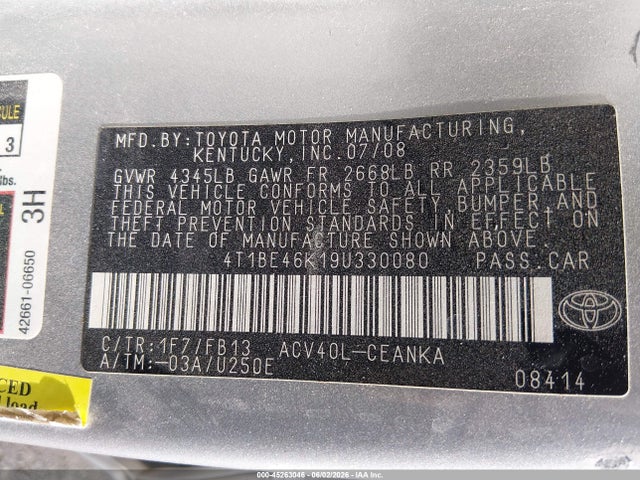 2009 Toyota Camry მანქანა იყიდება აუქციონზე, vin: 4T1BE46K19U330080, აუქციონის ნომერი: 45263046