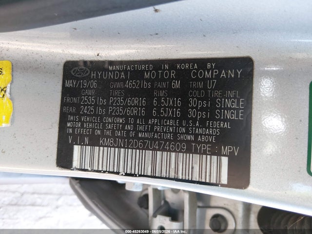 Aukcja sprzedaży 2007 Hyundai Tucson Limited/se, vin: KM8JN12D67U474609, numer aukcji: 45263049