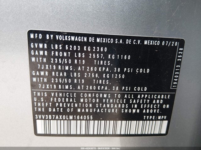 Aukcja sprzedaży 2020 Volkswagen Tiguan, vin: 3VV3B7AX0LM164055, numer aukcji: 45263070