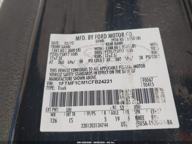 Продаж на аукціоні авто 2012 Ford F-150 Xl, vin: 1FTMF1CM1CFB24221, номер лоту: 45263068