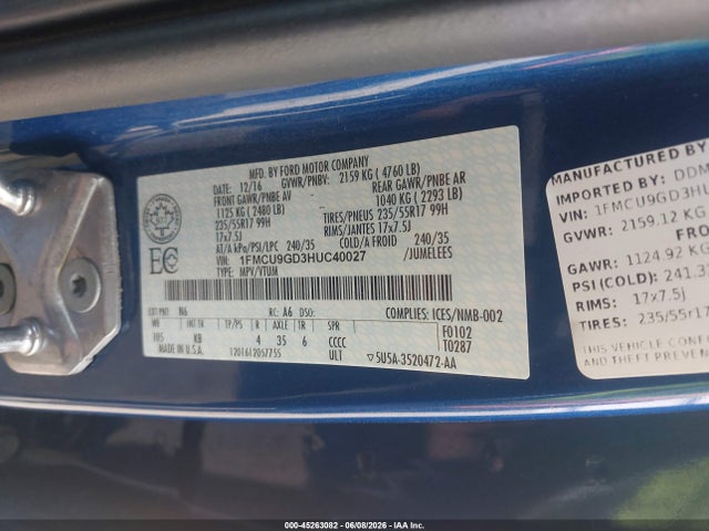 Ford ESCAPE SE 2017 1FMCU9GD3HUC40027 Image 9