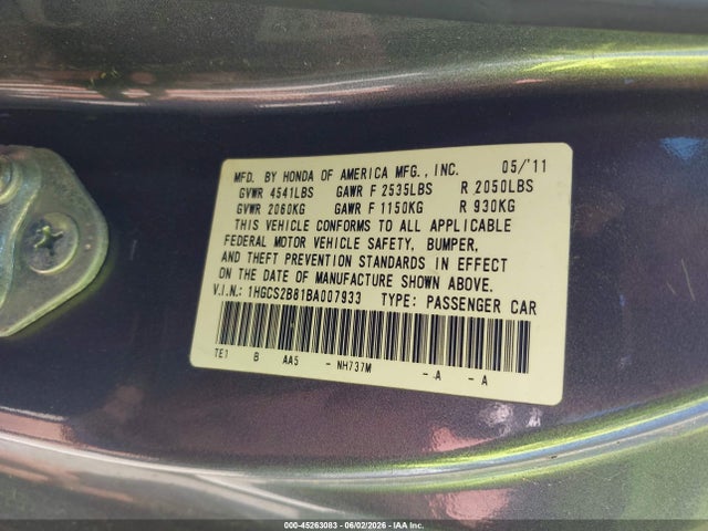 45263083 :رقم المزاد ، 1HGCS2B81BA007933 vin ، 2011 Honda Accord 3.5 Ex-l مزاد بيع