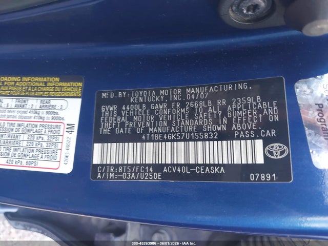 Aukcja sprzedaży 2007 Toyota Camry Se, vin: 4T1BE46K57U155832, numer aukcji: 45263086