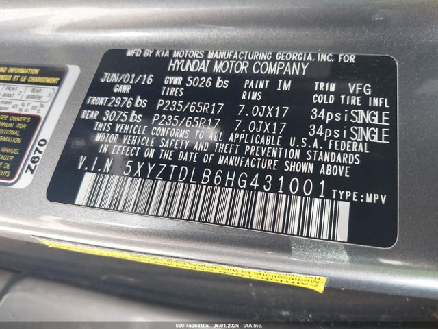 45263105 :رقم المزاد ، 5XYZTDLB6HG431001 vin ، 2017 Hyundai Santa Fe Sport 2.4l مزاد بيع