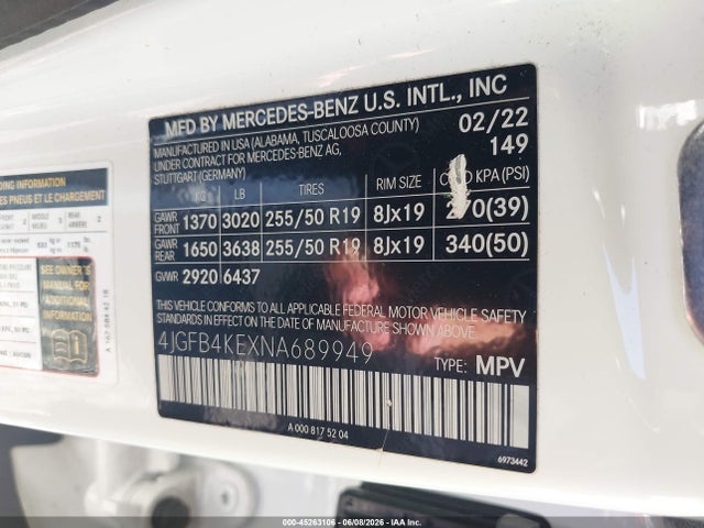 Aukcja sprzedaży 2022 Mercedes-benz Gle 350 4matic, vin: 4JGFB4KEXNA689949, numer aukcji: 45263106