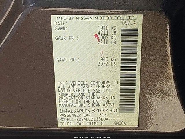 45263108 :رقم المزاد ، 1N4AL3AP0FN340730 vin ، 2015 Nissan Altima 2.5/2.5 S/2.5 Sl/2.5 Sv مزاد بيع