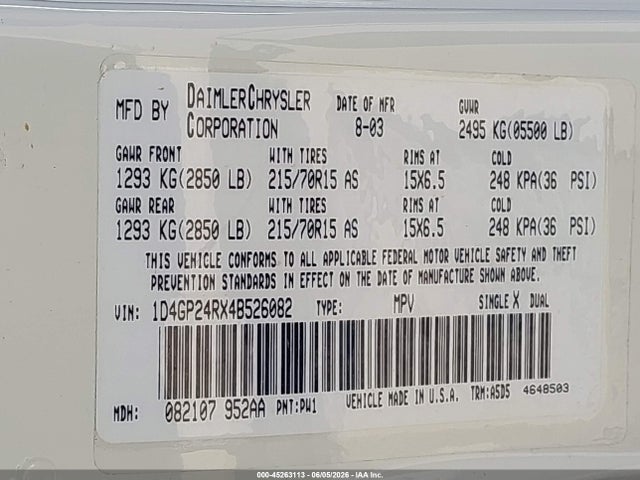 Aukcja sprzedaży 2004 Dodge Grand Caravan Se, vin: 1D4GP24RX4B526082, numer aukcji: 45263113