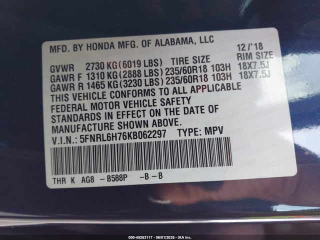 45263117 :رقم المزاد ، 5FNRL6H76KB062297 vin ، 2019 Honda Odyssey Ex-l مزاد بيع