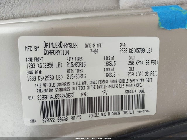 45263140 :رقم المزاد ، 2C8GP64L65R243633 vin ، 2005 Chrysler Town & Country Limited مزاد بيع