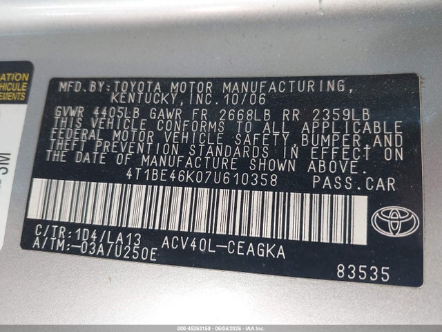 2007 Toyota Camry Xle მანქანა იყიდება აუქციონზე, vin: 4T1BE46K07U610358, აუქციონის ნომერი: 45263159