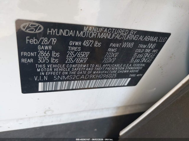 Aukcja sprzedaży 2019 Hyundai Santa Fe Se, vin: 5NMS2CAD9KH096025, numer aukcji: 45263167