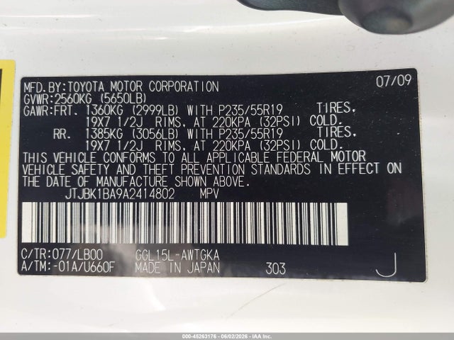 45263176 :رقم المزاد ، JTJBK1BA9A2414802 vin ، 2010 Lexus Rx 350 مزاد بيع