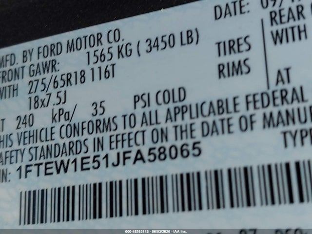 Aukcja sprzedaży 2018 Ford F-150 Xlt, vin: 1FTEW1E51JFA58065, numer aukcji: 45263186