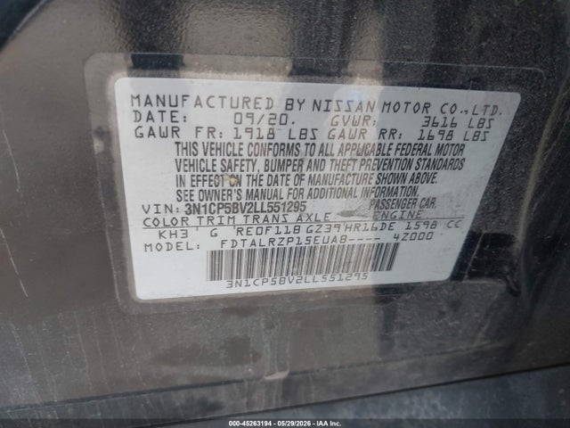 45263194 :رقم المزاد ، 3N1CP5BV2LL551295 vin ، 2020 Nissan Kicks S Xtronic Cvt مزاد بيع