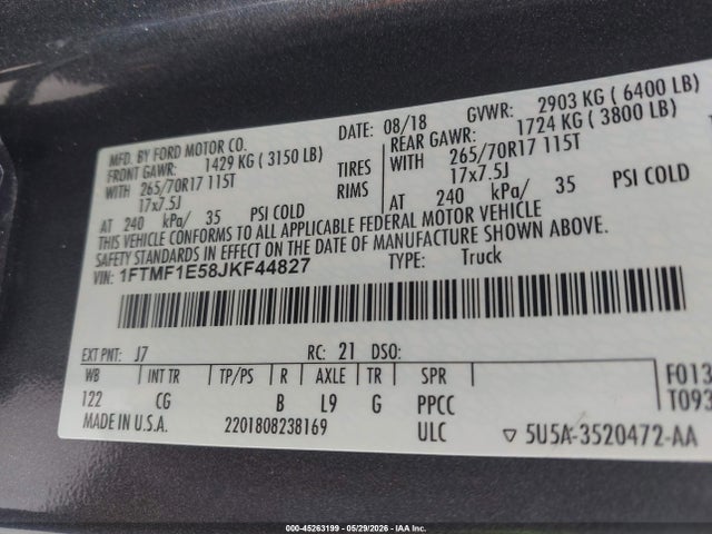 Aukcja sprzedaży 2018 Ford F-150 Xl, vin: 1FTMF1E58JKF44827, numer aukcji: 45263199