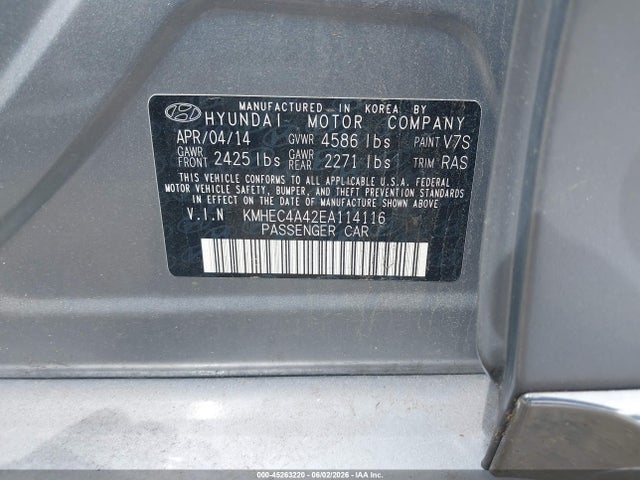 2014 Hyundai Sonata Hybrid მანქანა იყიდება აუქციონზე, vin: KMHEC4A42EA114116, აუქციონის ნომერი: 45263220