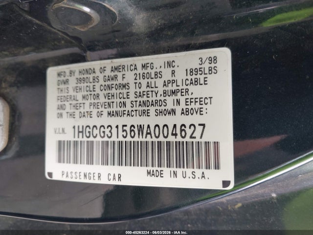 Aukcja sprzedaży 1998 Honda Accord Ex, vin: 1HGCG3156WA004627, numer aukcji: 45263224