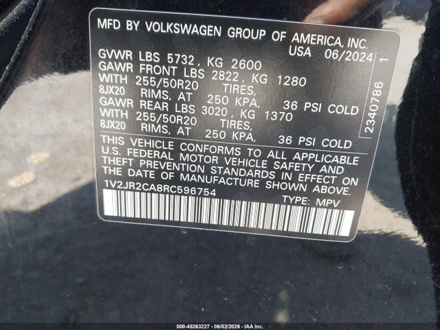 2024 Volkswagen Atlas 2.0t Se W/technology მანქანა იყიდება აუქციონზე, vin: 1V2JR2CA8RC596754, აუქციონის ნომერი: 45263227