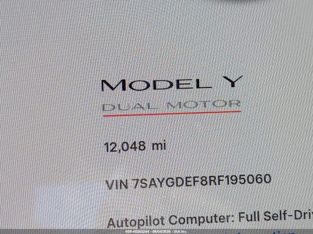 45263244 :رقم المزاد ، 7SAYGDEF8RF195060 vin ، 2024 Tesla Model Y Performance Dual Motor All-wheel Drive مزاد بيع