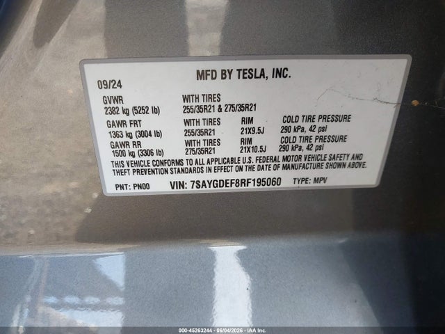 45263244 :رقم المزاد ، 7SAYGDEF8RF195060 vin ، 2024 Tesla Model Y Performance Dual Motor All-wheel Drive مزاد بيع
