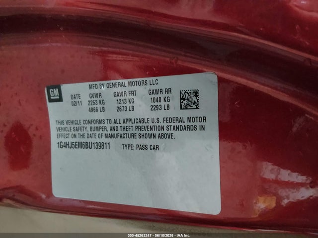 2011 Buick Lucerne Cxl Premium მანქანა იყიდება აუქციონზე, vin: 1G4HJ5EM6BU139811, აუქციონის ნომერი: 45263247