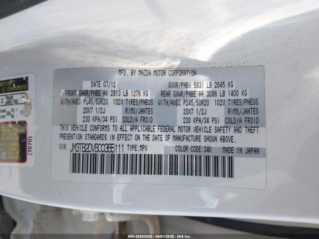 45263250 :رقم المزاد ، JM3TB2DV6C0365111 vin ، 2012 Mazda Cx-9 Grand Touring مزاد بيع