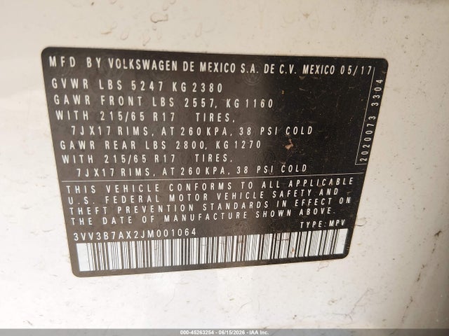 3VV3B7AX2JM001064 Volkswagen Tiguan 2.0t Se/2.0t Sel