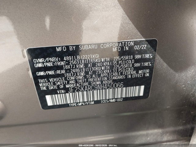 Продажа на аукционе авто 2022 Subaru Forester Touring, vin: JF2SKARC9NH450066, номер лота: 45263265
