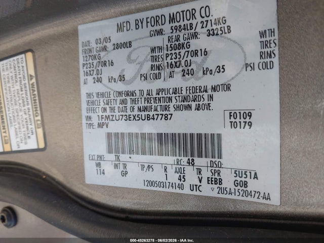 45263278 :رقم المزاد ، 1FMZU73EX5UB47787 vin ، 2005 Ford Explorer Xlt/xlt Sport مزاد بيع