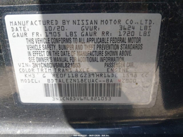 Aukcja sprzedaży 2021 Nissan Versa S Xtronic Cvt, vin: 3N1CN8DV6ML821053, numer aukcji: 45263281