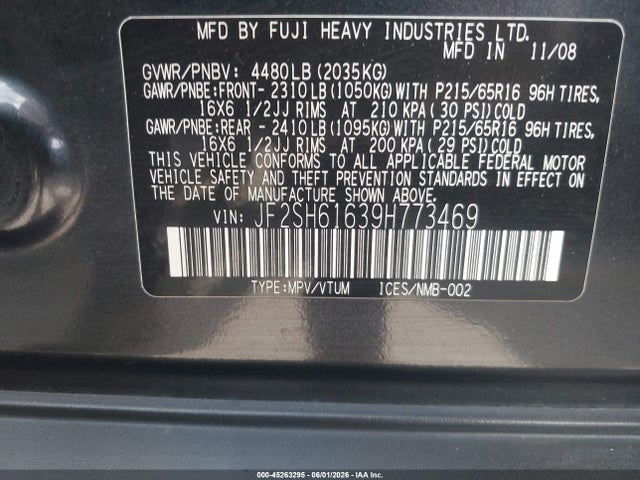 Продаж на аукціоні авто 2009 Subaru Forester 2.5x, vin: JF2SH61639H773469, номер лоту: 45263295
