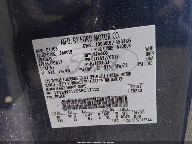 Продажа на аукционе авто 2005 Ford F-250 Lariat/xl/xlt, vin: 1FTSW21P55EC11123, номер лота: 45263294