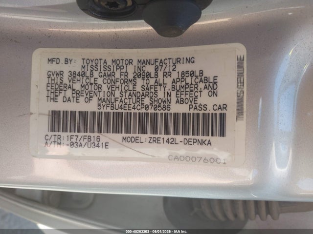 2012 Toyota Corolla Le მანქანა იყიდება აუქციონზე, vin: 5YFBU4EE4CP070586, აუქციონის ნომერი: 45263303
