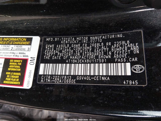 45263304 :رقم المزاد ، 4T1BK3EKXBU117591 vin ، 2011 Toyota Camry Le V6 مزاد بيع