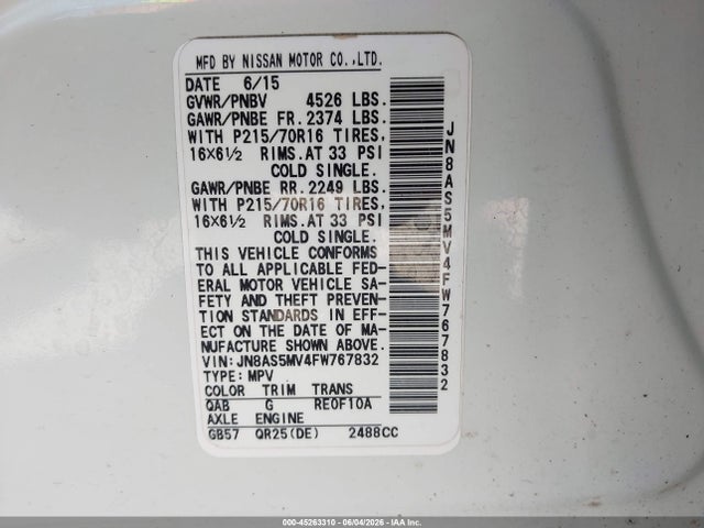 2015 Nissan Rogue Select S მანქანა იყიდება აუქციონზე, vin: JN8AS5MV4FW767832, აუქციონის ნომერი: 45263310